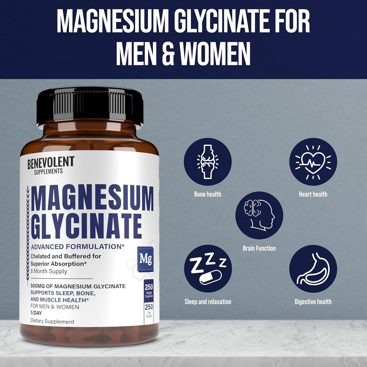 Magnesium Glycinate 500mg for Sleep, Bone Density (250 servings)