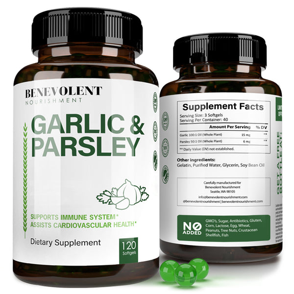 Odorless Garlic Pills & Parsley Supplement - 1500 MG Aged Extract Oil Capsules 120 Softgels