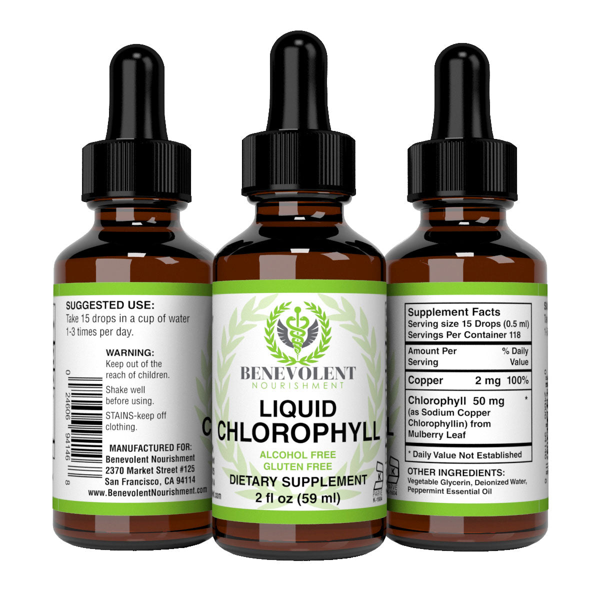 Liquid Chlorophyll bottle from 3 sides
