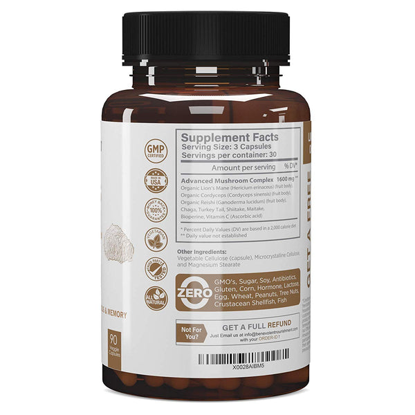 Premium Organic Lions Mane Mushroom 90 Veggie Capsules - Benevolent Nourishment Shop